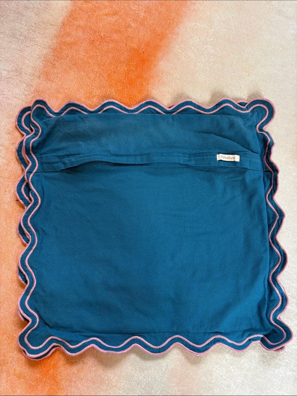 Scalloped Teal Throw Pillow Cover with Pink Trim